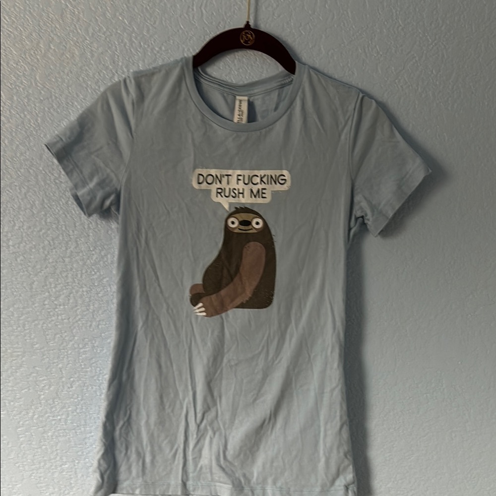 Light Blue Sloth Graphic T-Shirt With Humorous Text size medium
